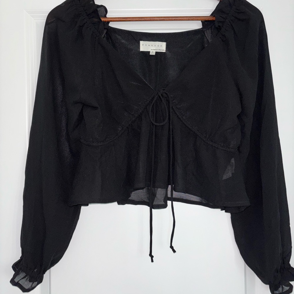 Flutter by Dance & Marvel Anthropology Sheer Ruched Tie Front Cropped Blouse Y2K